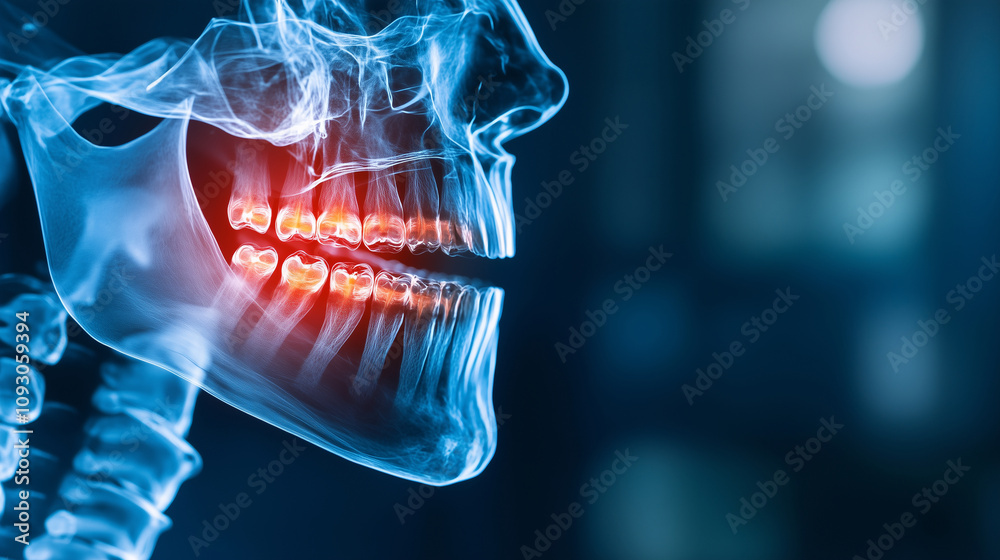 X-ray of a human jaw joint on a blue background, showing the jaw bone and connecting tissue with red and yellow highlights for emphasis on the joint area. X-ray of a human jaw joint on a blue background, showing the jaw bone and connecting tissue with red and yellow highlights for emphasis on the joint area.