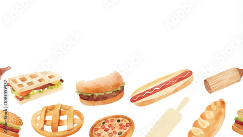 Watercolor fast food background with hamburger, hot dog, pizza, french fries, donut, sausage, cheese, pepperoni, sausage, pizza, ice cream