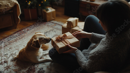 A woman and her dog pack Christmas presents at home. photo
