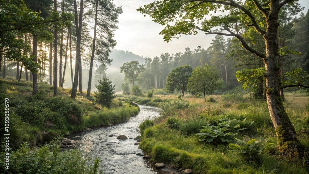 A serene forest scene with a winding stream and various types of trees and plants, waterfalls, lakes, tree species, leafy greens A serene forest scene with a winding stream and various types of trees and plants, waterfalls, lakes, tree species, leafy greens