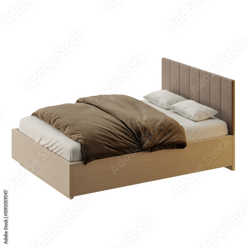 A bed with a brown comforter and white pillows