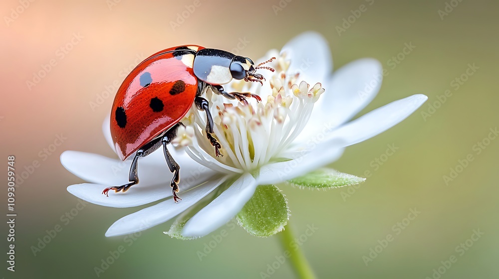The macro view showcases the intricate details of a ladybug's vibrant red shell contrasting beautifully against the soft white petals, highlighting its delicate wing patterns and tiny black spots. The macro view showcases the intricate details of a ladybug's vibrant red shell contrasting beautifully against the soft white petals, highlighting its delicate wing patterns and tiny black spots.
