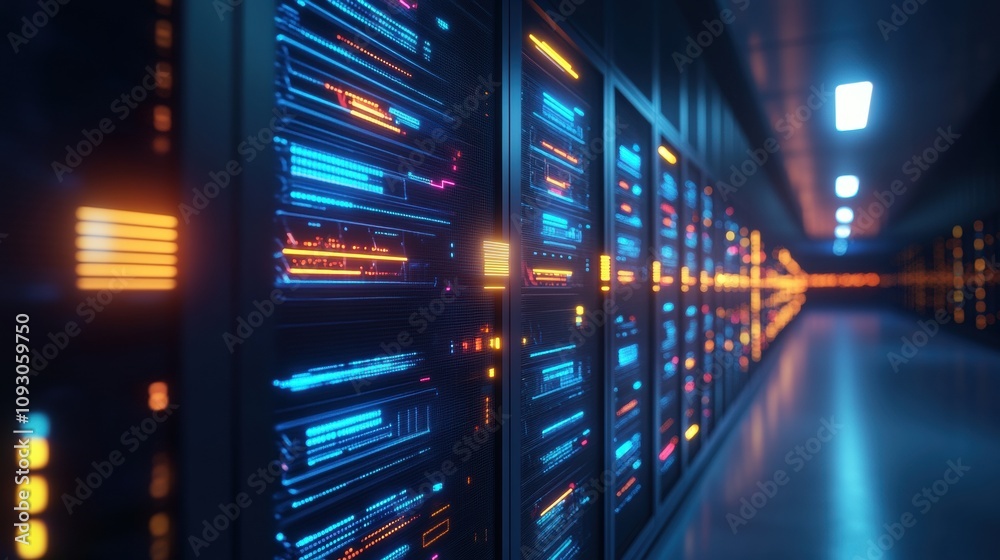 Futuristic data center with glowing servers. Futuristic data center with glowing servers.