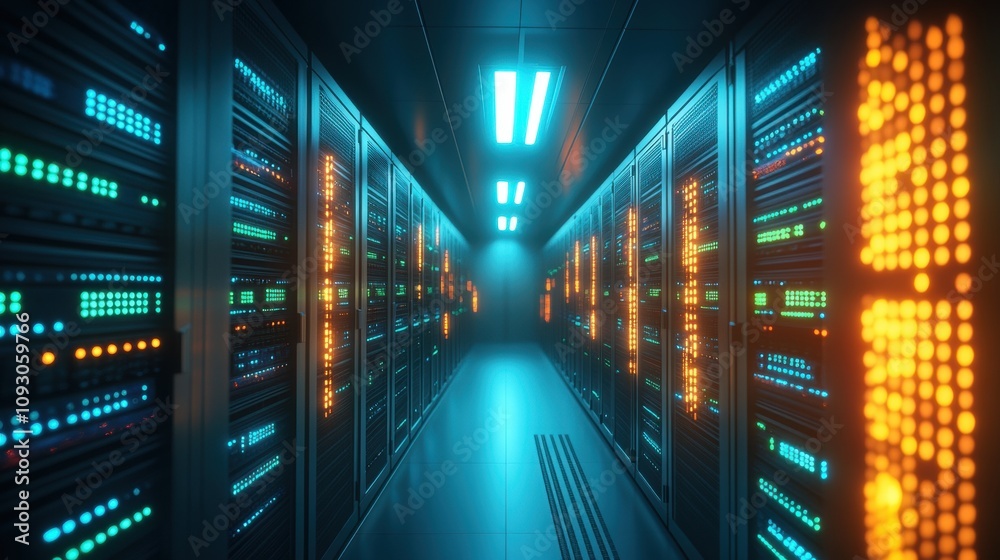 Futuristic data center with glowing servers. Futuristic data center with glowing servers.