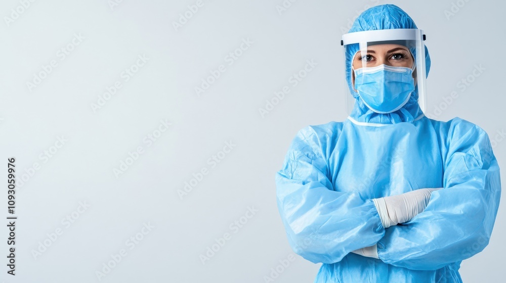 Healthcare worker in protective gear standing confidently. Healthcare worker in protective gear standing confidently.