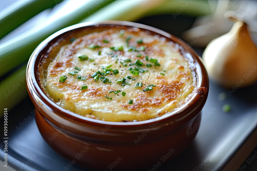 Leek and Potato Gratin Creamy layers of thinly sliced potatoes and tender leeks, baked in a velvety garlic-infused cream sauce, topped with a golden Parmesan crust Leek and Potato Gratin Creamy layers of thinly sliced potatoes and tender leeks, baked in a velvety garlic-infused cream sauce, topped with a golden Parmesan crust