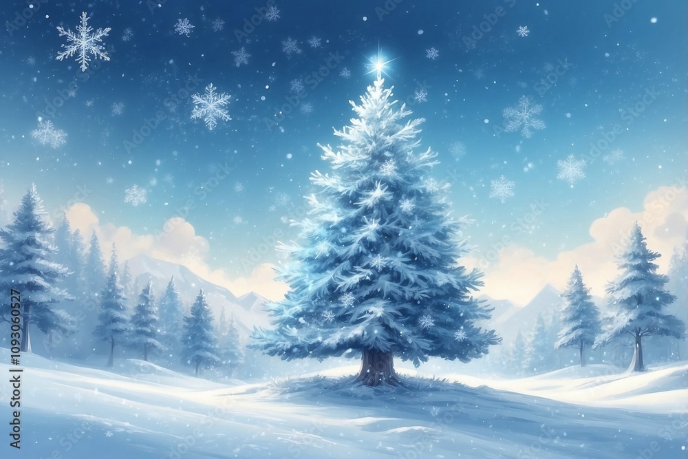 Christmas Background Featuring a Snowy Scene with a Christmas Tree and Sparkling Snowflakes Christmas Background Featuring a Snowy Scene with a Christmas Tree and Sparkling Snowflakes