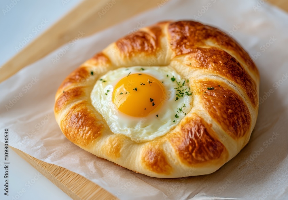 Unique baked pastry featuring a fried egg on a textured crust in a modern kitchen Unique baked pastry featuring a fried egg on a textured crust in a modern kitchen