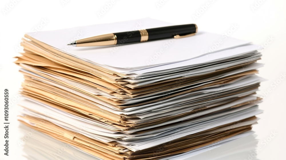 Stack of documents with elegant pen on white background Stack of documents with elegant pen on white background