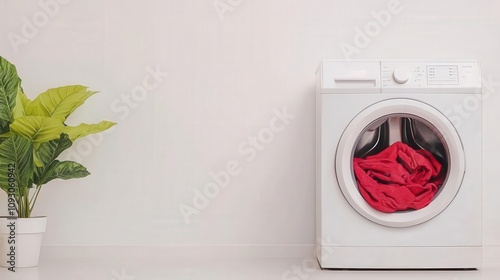 Washing machine door opening, revealing freshly cleaned clothes, modern and minimalist home