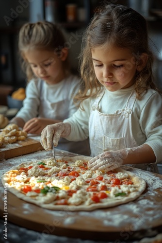 Children making pizzas in the kitchen together on the table