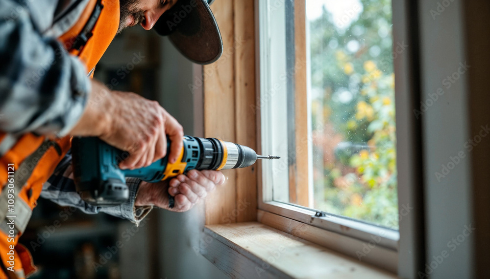The carpenter holds the drill and drills the window. The carpenter holds the drill and drills the window.
