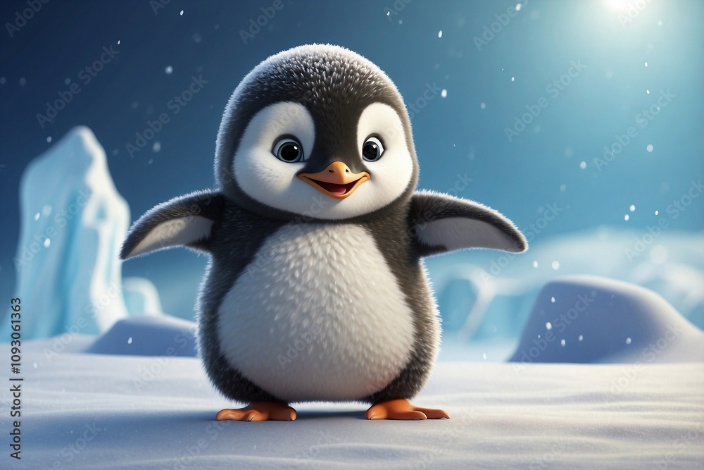 Cute Fluffy Baby Penguin with a Happy Smile Sitting on a Snowy Surface Next to an Iceberg Cute Fluffy Baby Penguin with a Happy Smile Sitting on a Snowy Surface Next to an Iceberg
