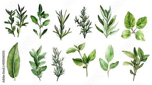 Watercolor Illustration of Various Green Herbs