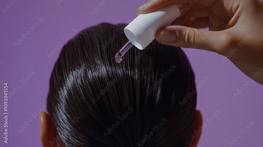 Naklejka premium Applying a hair treatment serum to shiny hair against a vibrant purple background, highlighting self-care and beauty routines