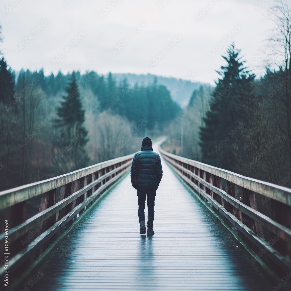 Man walking alone on a long wooden bridge on a foggy day in a forest. Man walking alone on a long wooden bridge on a foggy day in a forest.