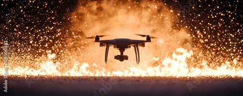 Fire protection innovation drone suppressing flames in simulated environment cutting-edge technology in action photo