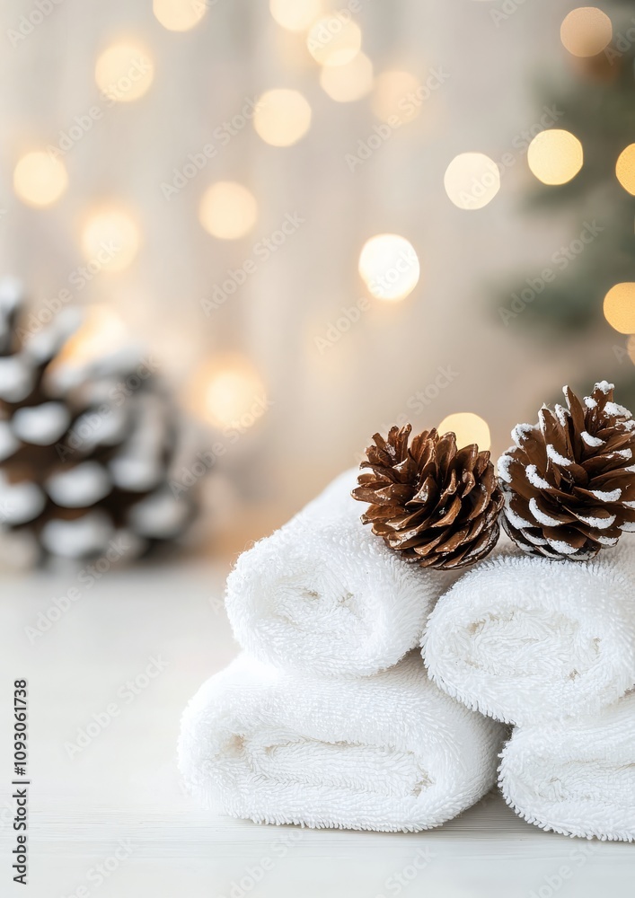 Soft white towels with pinecones against a festive blurred background in winter season Soft white towels with pinecones against a festive blurred background in winter season
