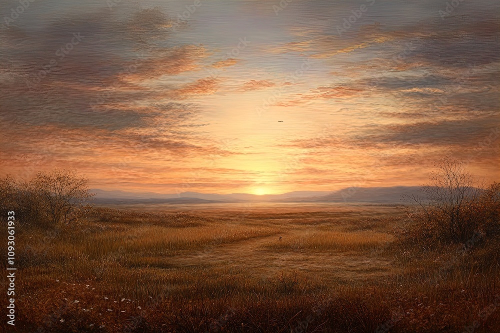 Sunset over a tranquil field with gentle hills in the background reflecting warm colors in the sky Sunset over a tranquil field with gentle hills in the background reflecting warm colors in the sky