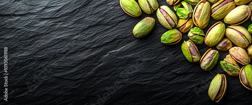 Colorful green pistachios with shells on a black background photo