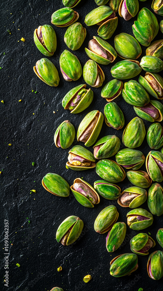 Colorful green pistachios with shells on a black background Colorful green pistachios with shells on a black background