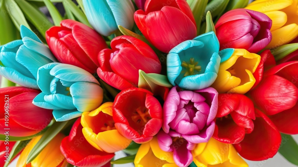 A stunning bouquet of tulips in a variety of bright shades, including cherry red, turquoise blue, and sunshine yellow, arranged in a whimsical, curved shape, floraldesign, brightcolorsful, flowerlover A stunning bouquet of tulips in a variety of bright shades, including cherry red, turquoise blue, and sunshine yellow, arranged in a whimsical, curved shape, floraldesign, brightcolorsful, flowerlover