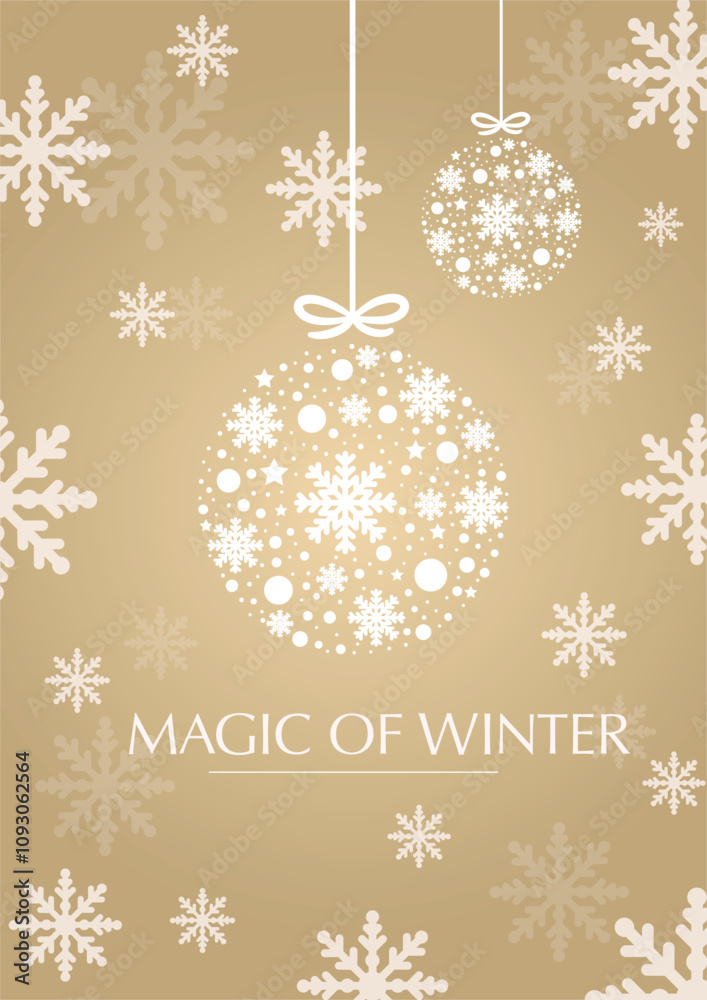 Festive christmas design of a gold background with white snowflakes and ornaments vector illustration for creating invitations, posters, flyers or social media graphics for your holiday events. Festive christmas design of a gold background with white snowflakes and ornaments vector illustration for creating invitations, posters, flyers or social media graphics for your holiday events.