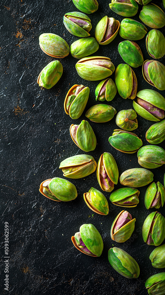 Colorful green pistachios with shells on a black background Colorful green pistachios with shells on a black background