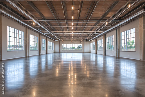 An empty versatile event space with theater setup, with high ceilings.