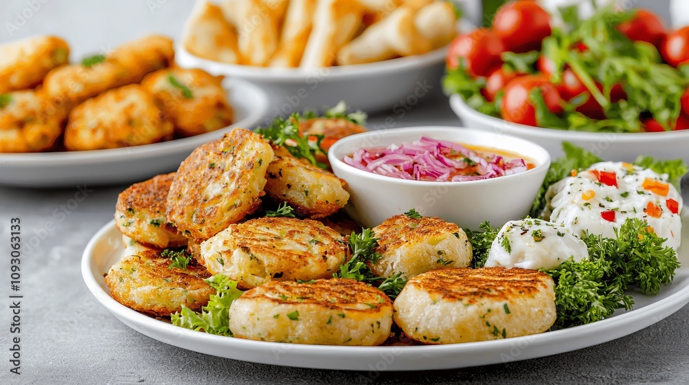 Delicious golden-brown potato fritters served with red onion relish, creamy sauce, and fresh salad. Delicious golden-brown potato fritters served with red onion relish, creamy sauce, and fresh salad.