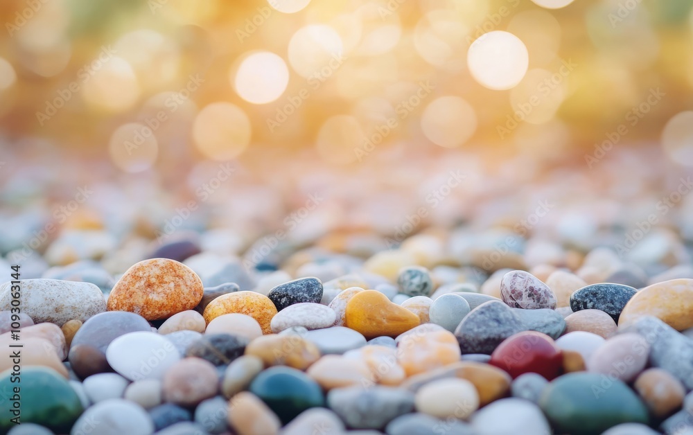 Colorful pebbles scattered on a beach with sunlight glimmering in the background during the morning Colorful pebbles scattered on a beach with sunlight glimmering in the background during the morning