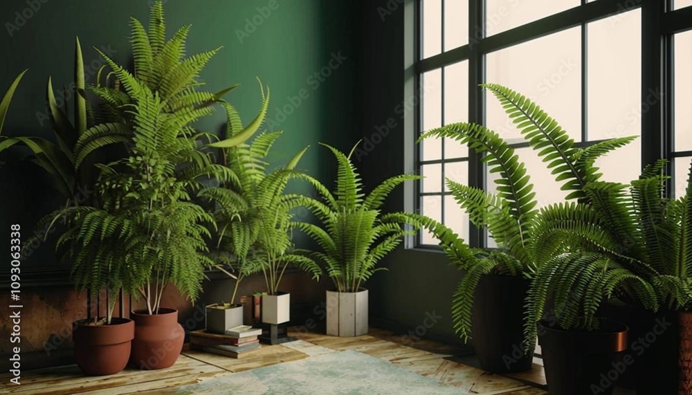 Obraz premium A depiction of ferns situated in the corner of a living room, contributing to the room's decor with a touch of greenery. AI generated.