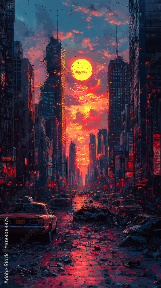 Obraz premium Post-apocalyptic city street with abandoned cars, skyscrapers and garbage. Without people.