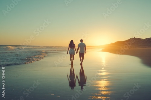 Couple Walking Hand In Hand At Sunset On Beach photo