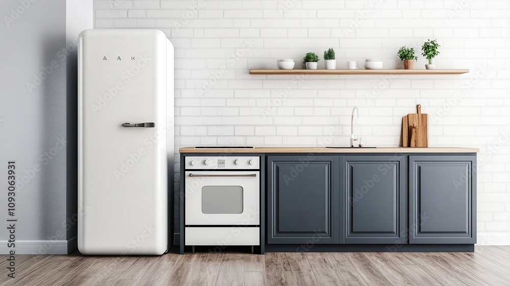 Modern minimalist style kitchen interior with white walls and gray cabinets, wooden floor, white refrigerator. Design concept for studio apartment. 3D Rendering Modern minimalist style kitchen interior with white walls and gray cabinets, wooden floor, white refrigerator. Design concept for studio apartment. 3D Rendering