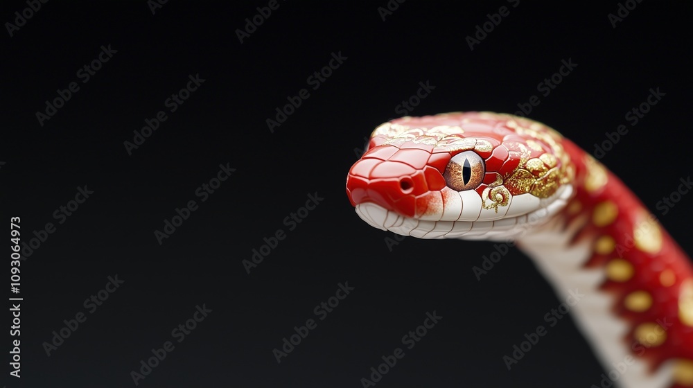 A close-up of a vibrant, patterned snake with a striking red and white coloration against a dark background. A close-up of a vibrant, patterned snake with a striking red and white coloration against a dark background.