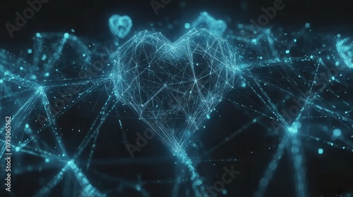 A digital heart made of glowing blue connections and nodes representing love and technology in a futuristic design.