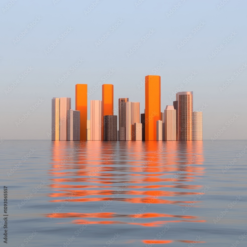 Minimalist cityscape at sunset, reflecting on calm water.