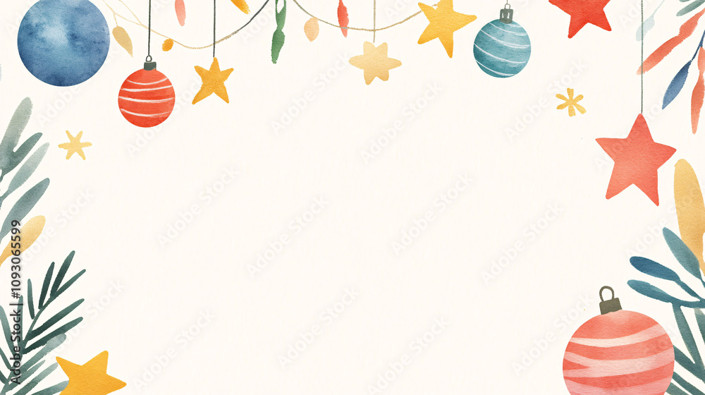 A whimsical watercolor holiday greeting card layout with colorful hand-painted ornaments, garlands, and festive stars. The vibrant elements are arranged in a playful pattern around a central blank A whimsical watercolor holiday greeting card layout with colorful hand-painted ornaments, garlands, and festive stars. The vibrant elements are arranged in a playful pattern around a central blank