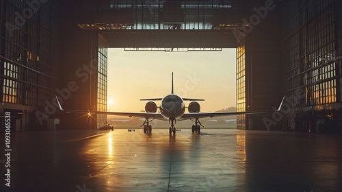 Photograph of a spacious airplane hangar with open doors revealing a parked private jet aircraft inside  The soft morning light filters through the hangar