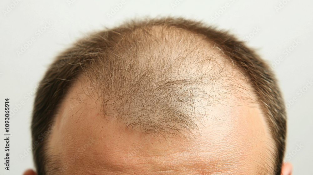 A close-up view of a man with noticeable hair loss, showcasing thinning hair on top of the head in a neutral setting A close-up view of a man with noticeable hair loss, showcasing thinning hair on top of the head in a neutral setting