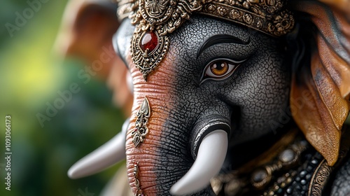 Photographic Close up of Exquisitely Crafted Ganesha Deity Face with Soft Background Blur Highlighting the Delicate Details of the Eyes Crown and Tusks for a Focused Sacred Feel photo