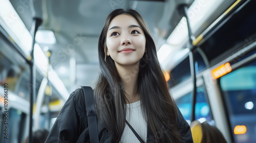 A woman of Asian descent with a crossbody bag stepping onto a public bus, her expression relaxed as she looks forward.