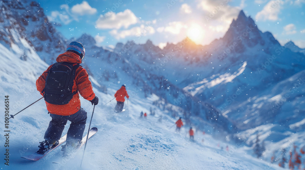 A skier in an orange jacket glides down a snowy mountain slope, surrounded by a breathtaking winter landscape with a glowing sunset in the background A skier in an orange jacket glides down a snowy mountain slope, surrounded by a breathtaking winter landscape with a glowing sunset in the background