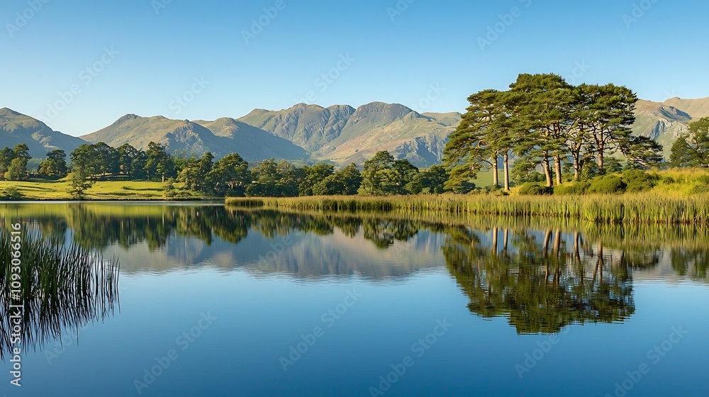 Picturesque lakeside scene with calm waters reflecting the surrounding lush forest and majestic mountains under a clear blue sky creating a tranquil and peaceful natural environment Picturesque lakeside scene with calm waters reflecting the surrounding lush forest and majestic mountains under a clear blue sky creating a tranquil and peaceful natural environment