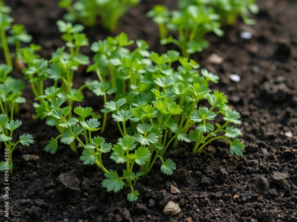 A vibrant patch of freshly planted cilantro seeds with healthy green shoots emerging from the soil, cilantro seeds, botanicals, greenery A vibrant patch of freshly planted cilantro seeds with healthy green shoots emerging from the soil, cilantro seeds, botanicals, greenery