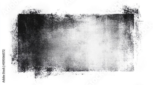 Black and White Stencil Abstract Square on Right Side, Pure White Background, Watercolor Style, Grunge Border, Strong Texture Contrast, Muted Colors, Soft Edges, Subtle Gradients, Digital Art Simple D