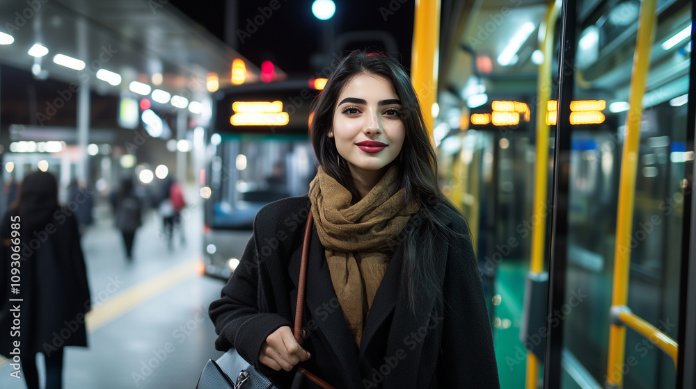 A young woman of Middle Eastern descent with a stylish handbag, getting onto a bus with a confident stride, the station active around her. A young woman of Middle Eastern descent with a stylish handbag, getting onto a bus with a confident stride, the station active around her.
