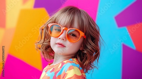 Playful and charming portrait of a child with wavy hair wearing orange tinted glasses and a smirk set against a vibrant pop art inspired backdrop with sharp shapes and bold contrasts photo