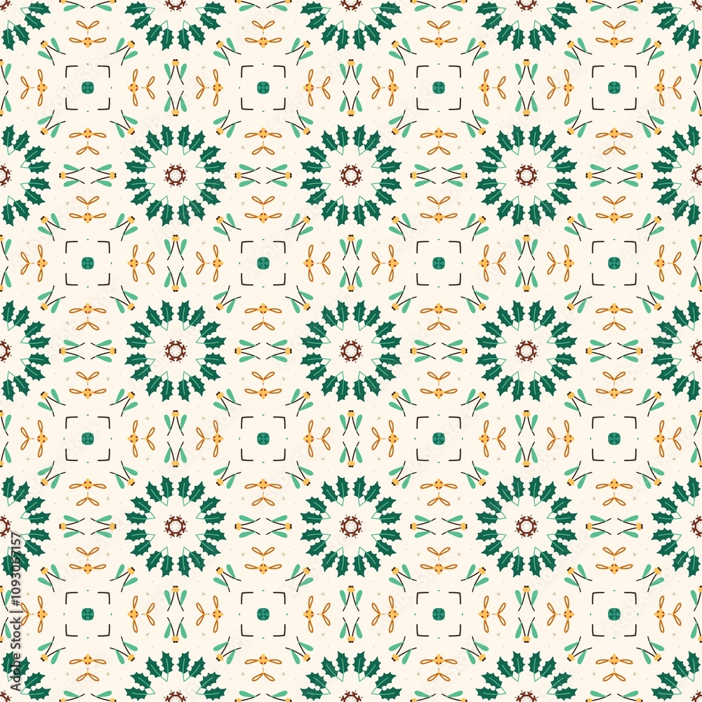 Floral Pattern with Green Leaves and Orange Accents
